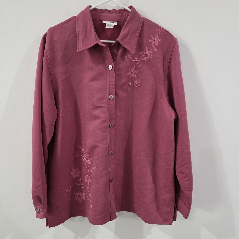 Vintage Womens Floral Embroidered Button Up Shirt Jacket Size 16 Pink Feminine